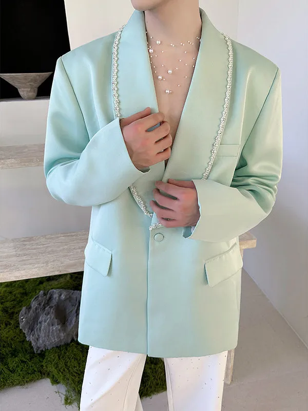

Casual Bar Nightclub Sle Men's Suit Jaet with Bead Decorations Loose Fit Youthful Trend Long Sve Single Button Closure