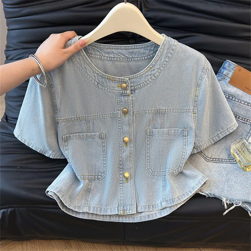Vintage Light Blue Short Denim Jacket Summer Women Thin Jeans Jacket Round Neck Short Sleeve Female Solid Color Cowboy Outerwear