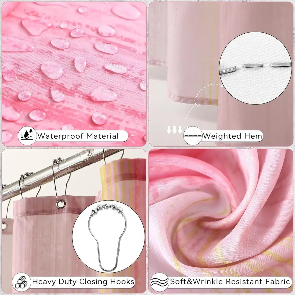 Elegantes Badezimmerzubehör-Set in Rosa und Gold: Duschvorhang, Teppiche, Mülleimer, Spender und Schale
