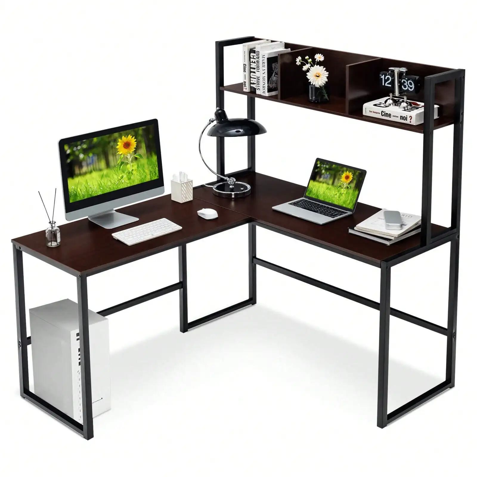 

55" L-Shaped Desk Corner Computer Desk Writing Workstation Table w/Hutch Teak