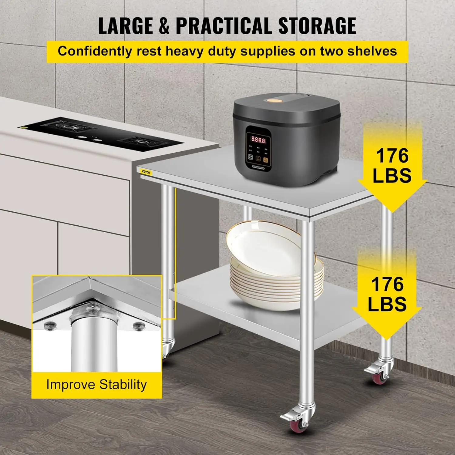 Vevor Mophorn Stainless Steel Work Table 36x24 Inch with 4 Wheels, Casters Heavy Duty Food Prep Worktable for Commercial Kitchen