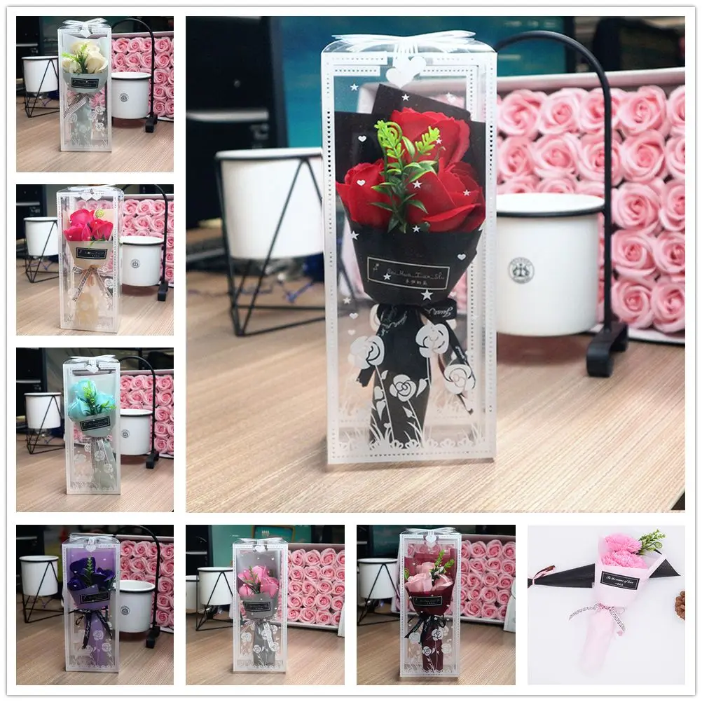 Party Valentine's Day Gift Boxed Wedding Decoration Artificial Rose Bouquet Soap Flower 3 Heads Artificial Flowers