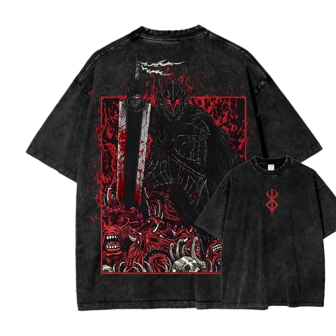 أنيمي Berserk الشجاعة تي شيرت مطبوع الرجال النساء قصيرة الأكمام القطن بلايز خمر غسلها تي شيرت Harajuku عادية المتضخم تي شيرت