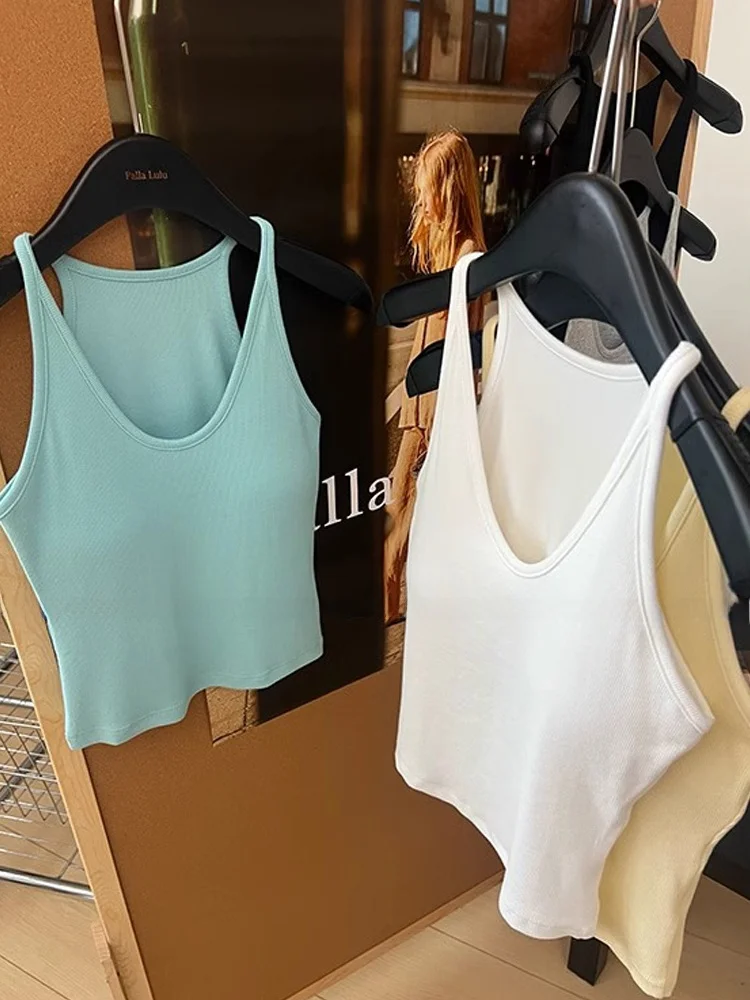 

Ne Hanging Versatile Single Wear Beautiful Ba Underwear Small Strap Vest Pure Color with Chest Pad Out...