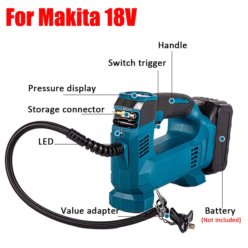 Portable Tyre Inflator Cordless Air Compressor Handheld Air Pump with Digital Display for Makita 18V Lithium Batteries for Cars