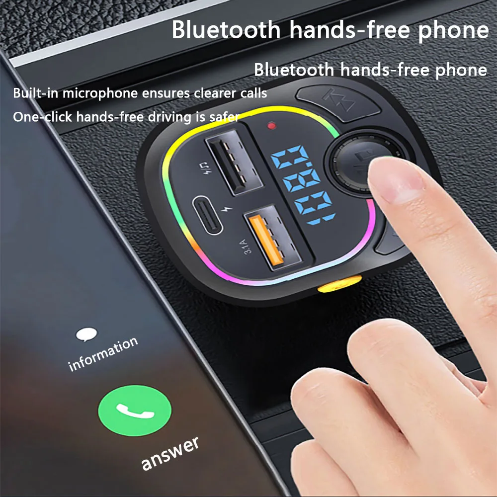 شاحن سيارة بلوتوث 5.0 FM الارسال PD Type-C المزدوج USB المحيطة لاعب شاحن MP3 Type-C الضوء اللاسلكي يدوي