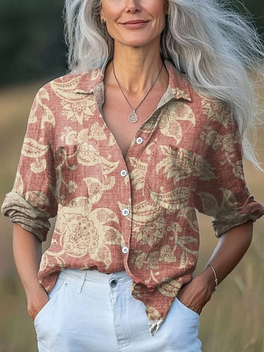

New European-style men's and women's long-sleeved basic shirt. New casual top with Bohemian-style floral print shirt.