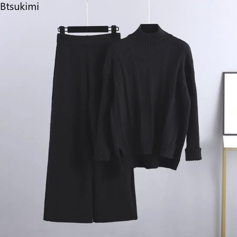 2024 Women's Winter Knitted Sets Tracksuit Two Piece Set Split Half Turtleneck Sweater and Wide Leg Pants 2 Piece Sets Outfits
