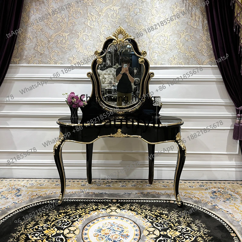 Q178 French solid wood dresser makeup stool combination, European court luxury carved dresser table bedroom