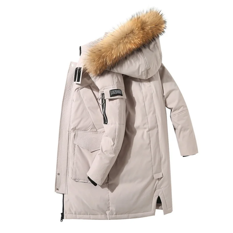 Jaqueta masculina com capuz longo, Parkas quentes grossas, casaco de gola de pele, corta-vento camuflado, jaqueta de pato branco, moda inverno