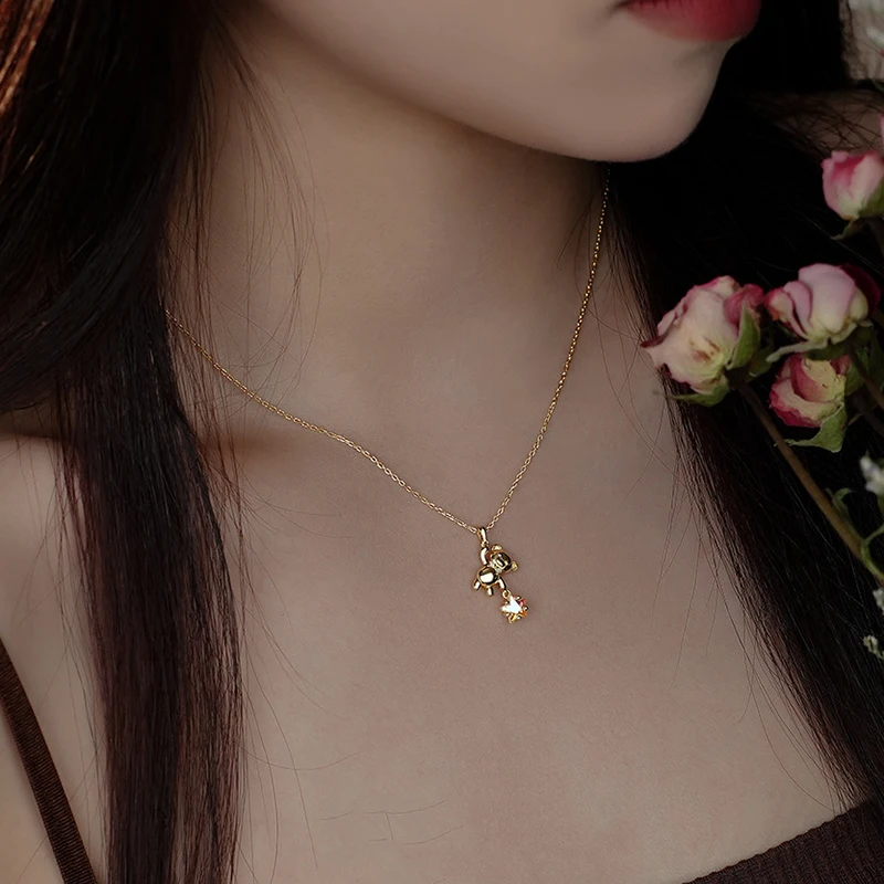 s925 sterling silver star-picking bear necklace for women light luxury classic elegant fashion retro simple casual daily life