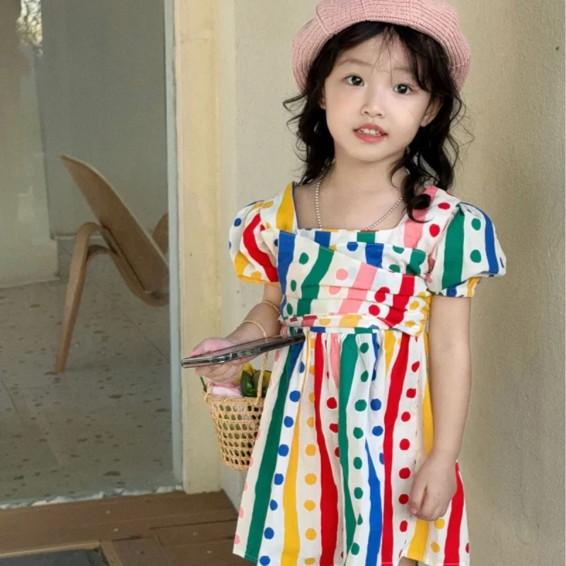 

Girls' Dress Circus Colorful Striped Tie Puff Sleeve Princess Dress25Spring and Summer New Fashion Foreign Trade Children's Clot