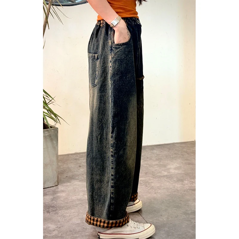 Masss Wasss Designer Automne Femmes Vintage Plaid Jeans Lâche Pantalon En Denim Décontracté 2025 Dames Classique Décontracté Taille Haute Pantalon