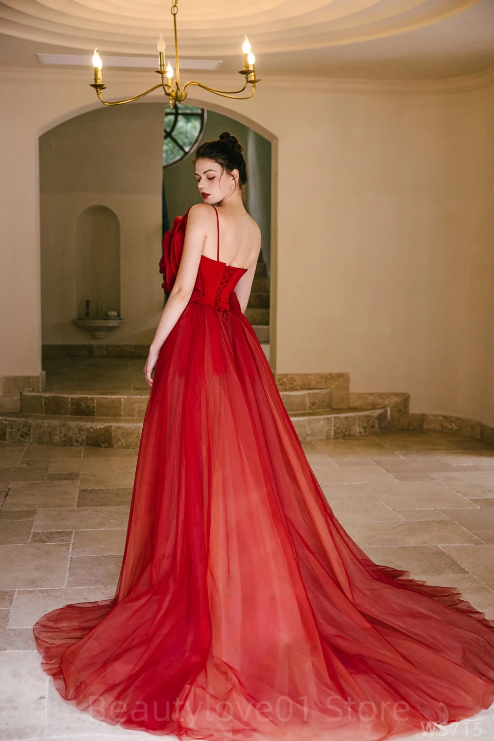 Unique Design Satin فساتين الحفلات Floor-Length Mermaid Backless Prom Dress With 3DHandmade Flowers Red Evening Dress abendkleid