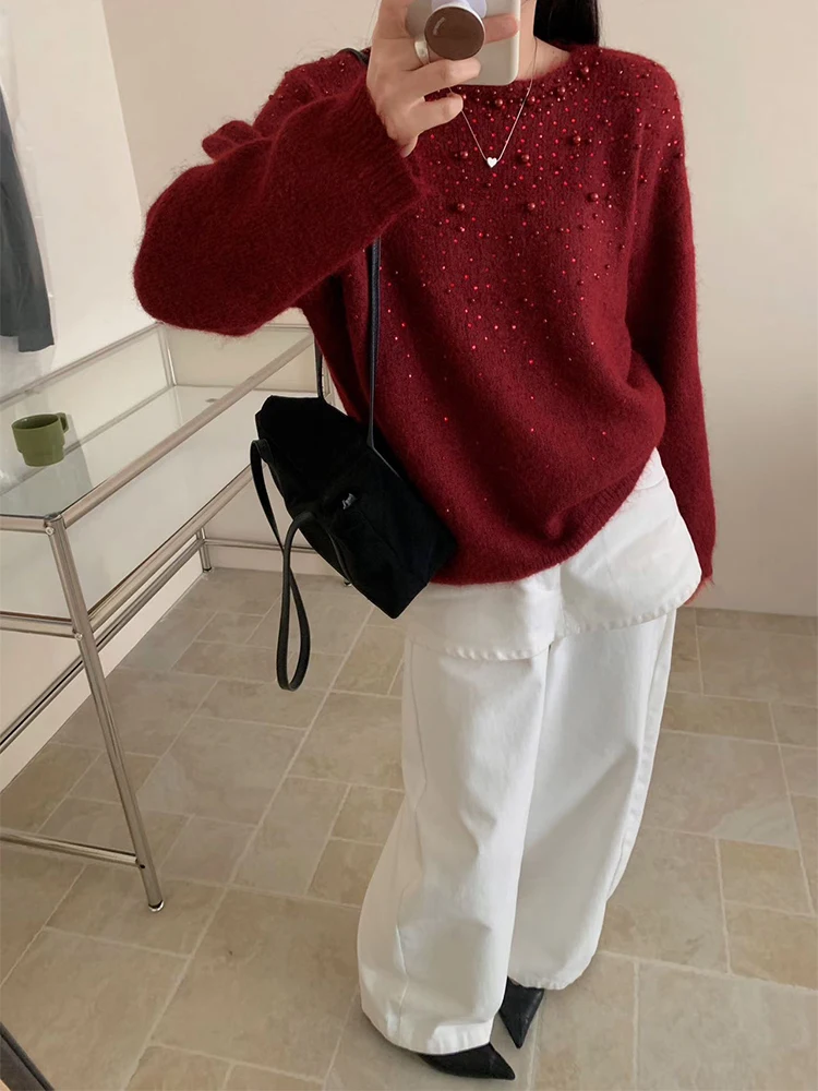 Vintage Beading Pullover Sweater 2026 Women's New Lazy Style Round Neck Long Sleeve Tops Spring Loose Casual Soft Knitwear