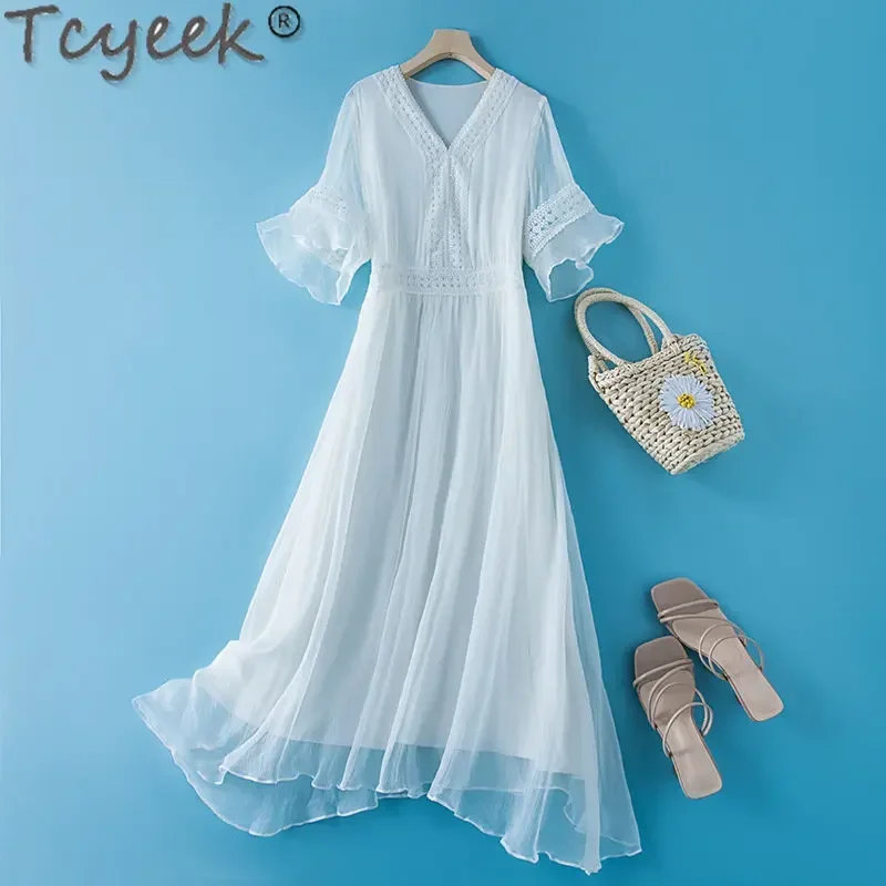 

Silk Dress Women 2022 Summer New White Dress Ladies Elegant Silk Fairy Temperament Long Dresses for Women Clothing Clothes FCY