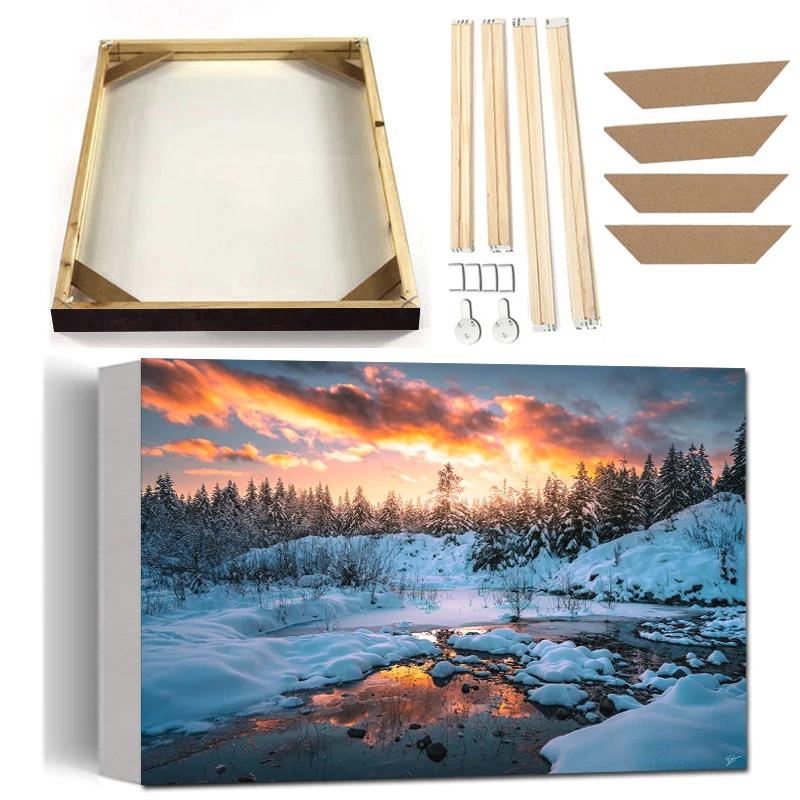 

Landscape Canvas Art Painting with Frame Snow Mountain Waterfall Valley Winter Sunset Poster Prints Abstract Photography Picture