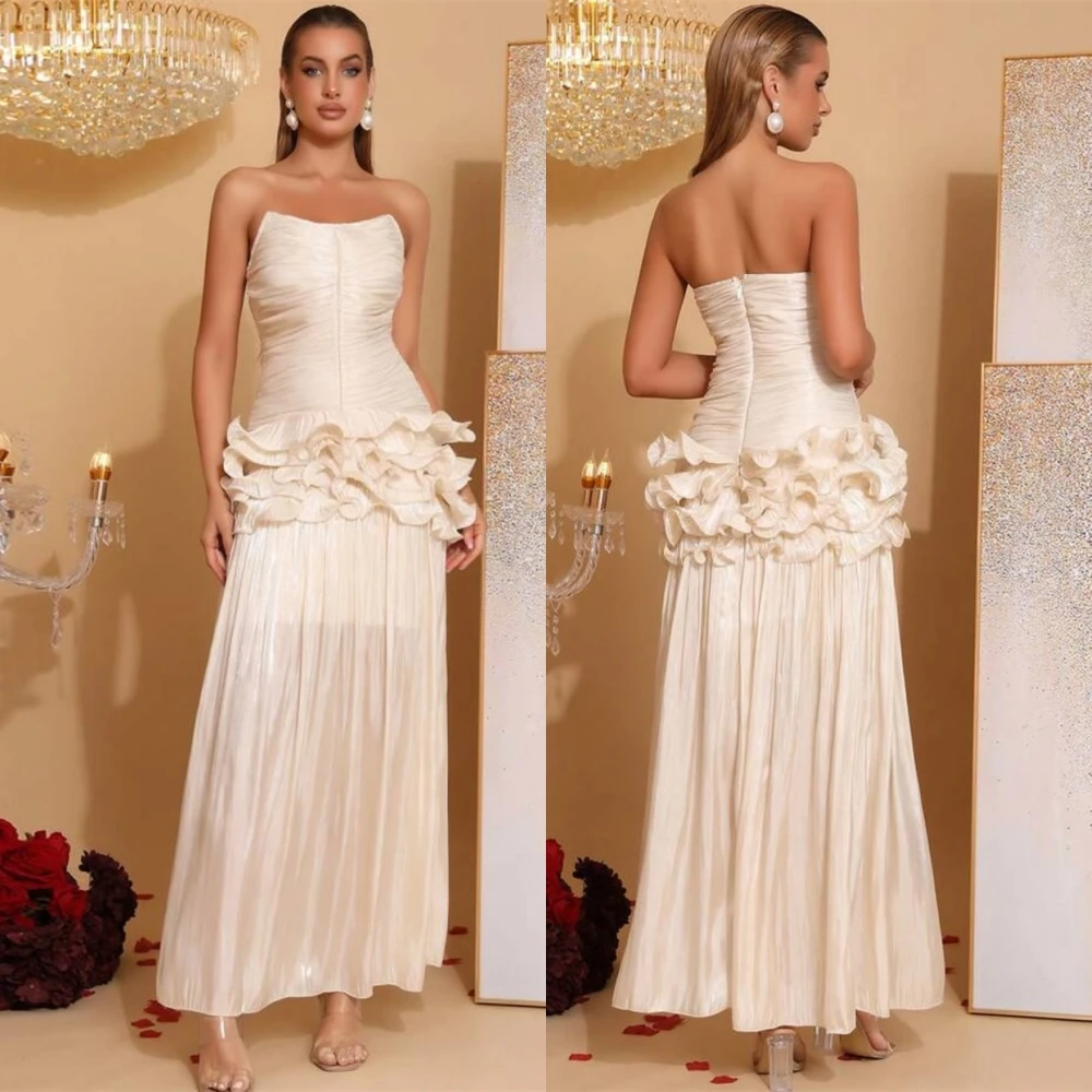 

Customized Exquisite Chiffon Evening Dress Delicate Strapless Prom Dresses Formal Sleeveless Sweep Train Special Occasion Gowns