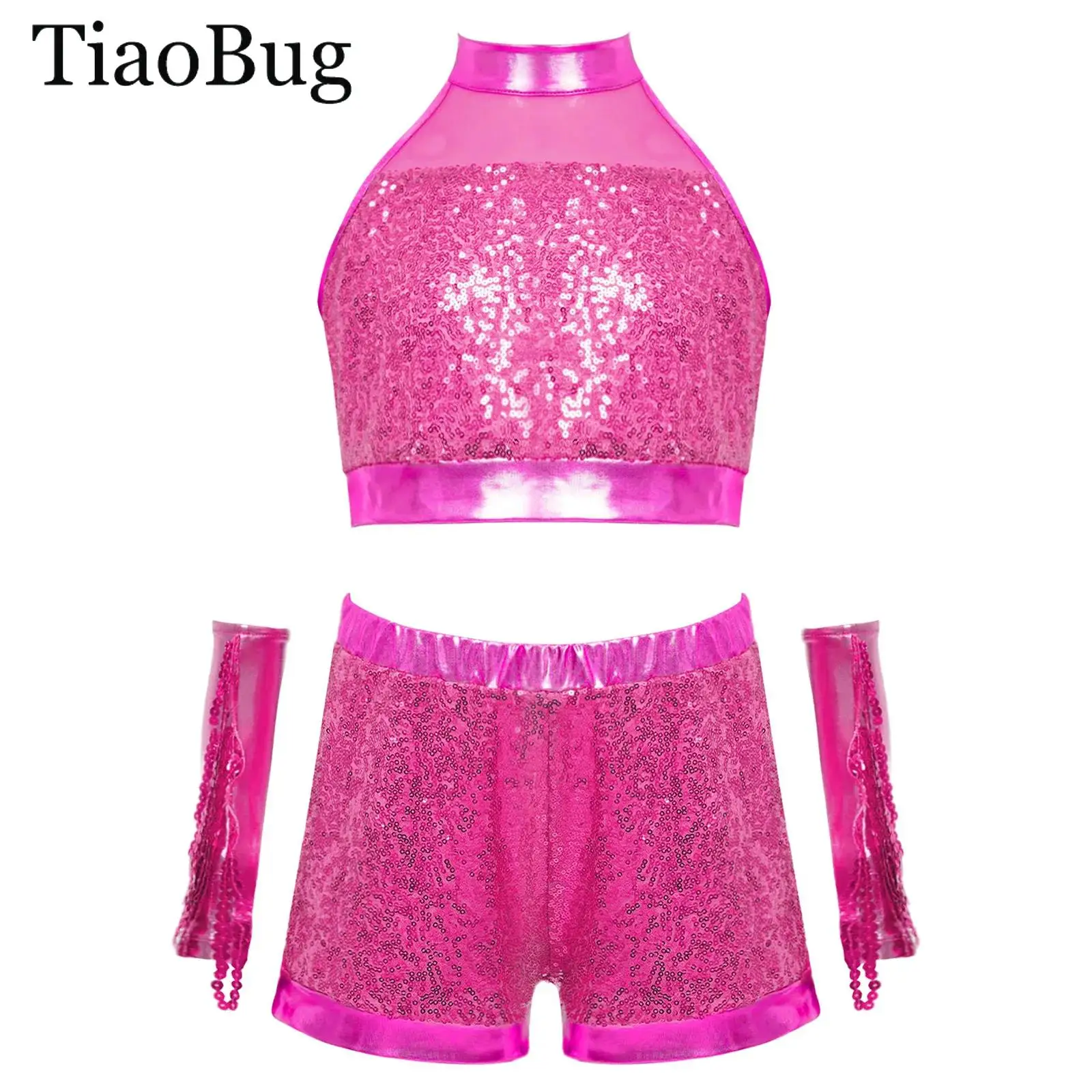 

Kids Girls Latin Jazz Dance Costume Sleeveless Glittery Sequin Tank Crop Top+Shorts+Tassels Gloves Salsa Samba Dance 3Pcs/Set