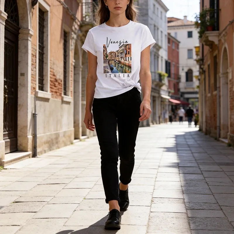 Italian Venice Letter Printed T-shirt 90s Women's T-shirt Summer and Spring Casual Short Sleeved Round Neck Trendy T-shirt