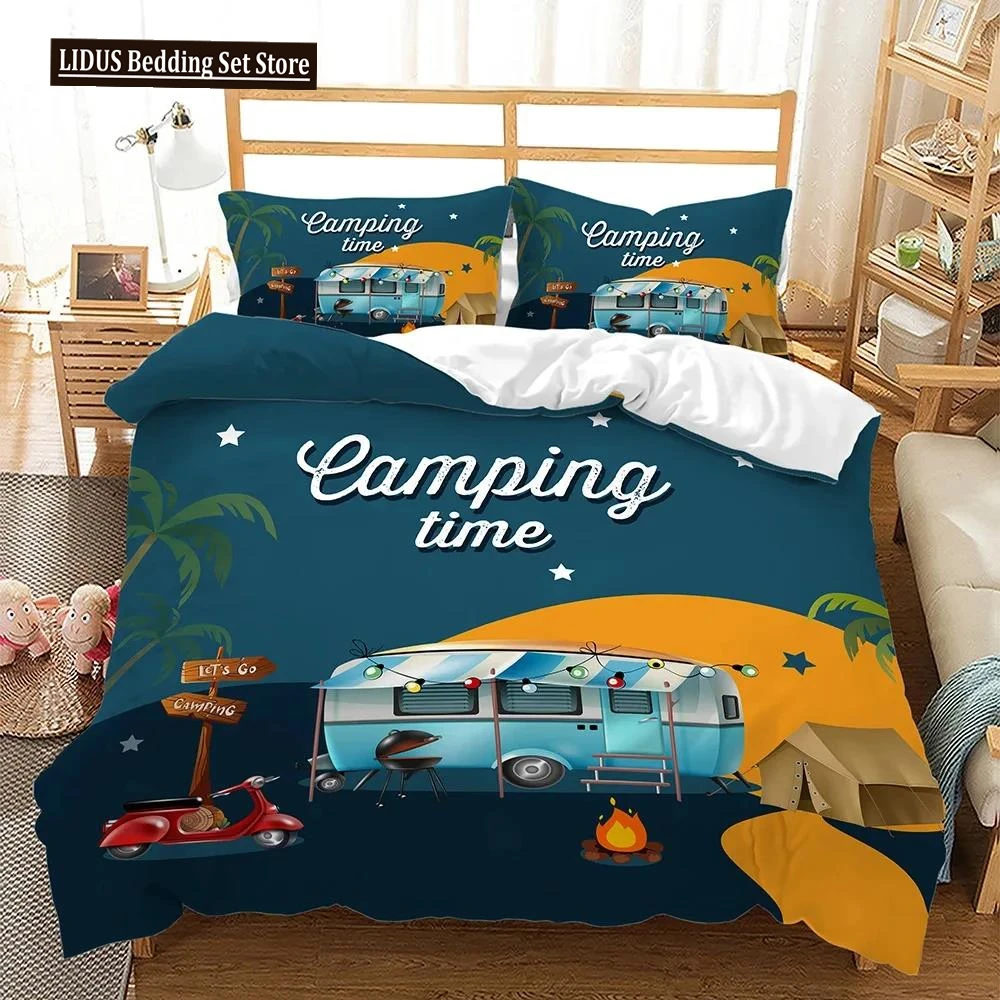 

Camper Time Print Bedding Set 3D Camping Car Duvet Cover Travel Theme Cartoon Camping Comforter Cover Full King For Teens Adult