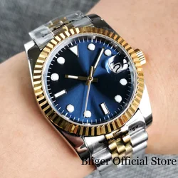 BLIGER 36mm/39mm Fluted Bezel NH35A MIYOTA PT5000 Mechanical Men Watch Two Tone Gold Steel  Strap Sunburst Blue Dial