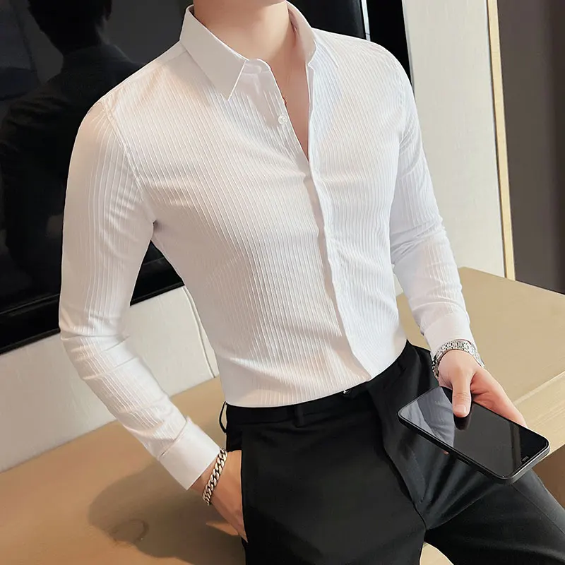 2022 Autumn New Fashion Dark Striped Stretch Shirts Men\'s Long Sleeve Slim Fit Business Dress Shirts Homme Social  Club Outfits