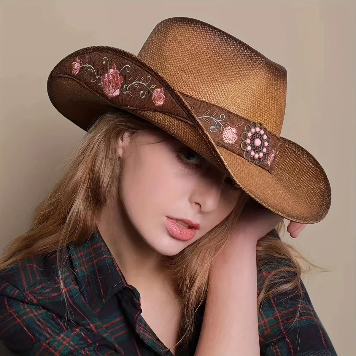 Large-brimmed Western Cowboy Hat, Outdoor Riding Hat, Beach Sun Hat, Ethnic Embroidered Flower Hat, Dance Party Hat Beach Hat