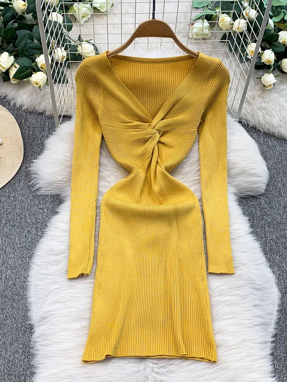 

Slim Fit V-Ne Knitted Dr Women's Autumn Winter Elastic Waist High Waist Long Sve Ci Commute X-ape Bodycon Dr