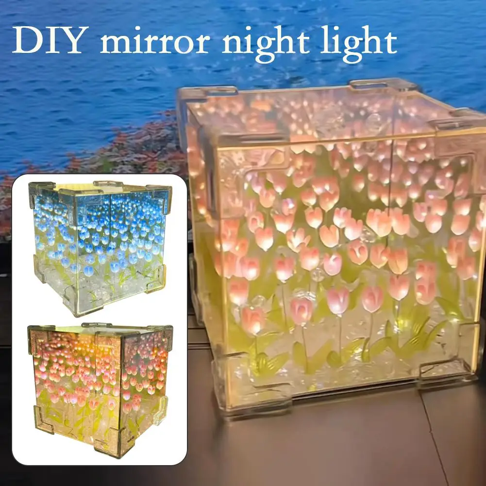 Tulip Night Light Handmade DIY Material Bed Desktop Gifts Light Box Atmosphere Decor Mirror Day Ornament Mother's Birthday C2W4