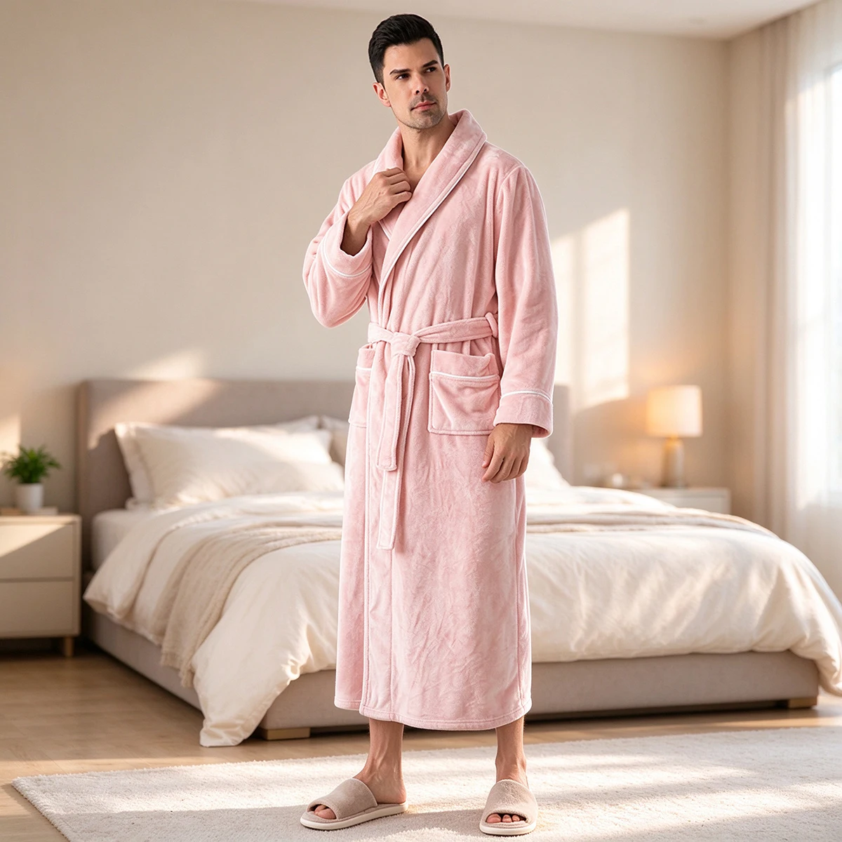 Paar-Bademantel für Damen und Herren, Flanell-Fleece-Morgenmantel, dicker, warmer Plüschmantel mit Schalkragen und Gürtel, Winter-Schlafanzug, Loungewear – Detail 13