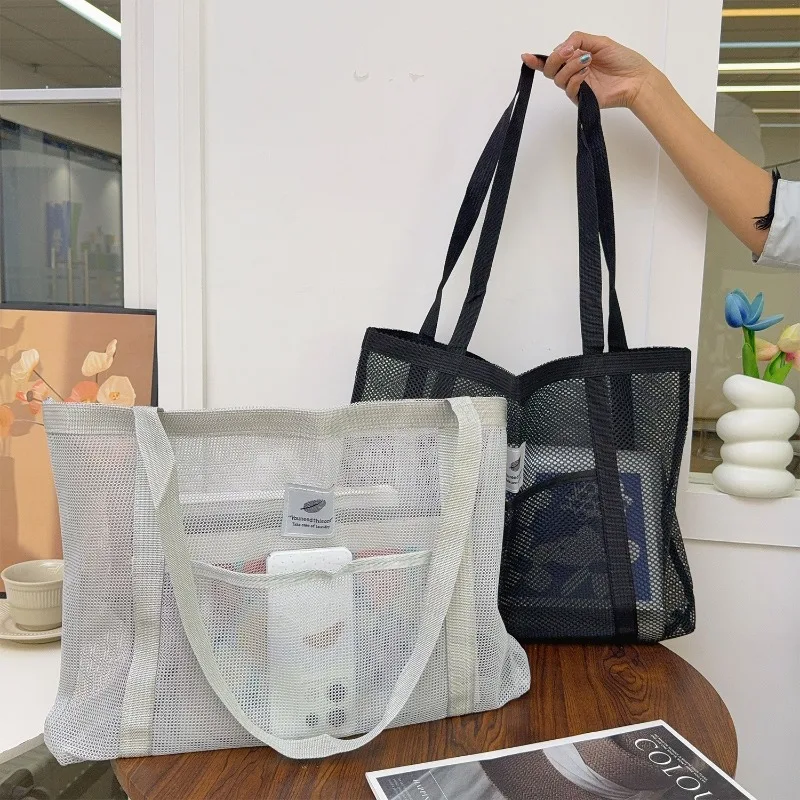 2026 شبكة مجوفة سعة كبيرة حقيبة التخزين المحمولة المرأة متعددة الوظائف شبكة حقيبة كتف السفر حقيبة شفافة حقائب الشاطئ #2