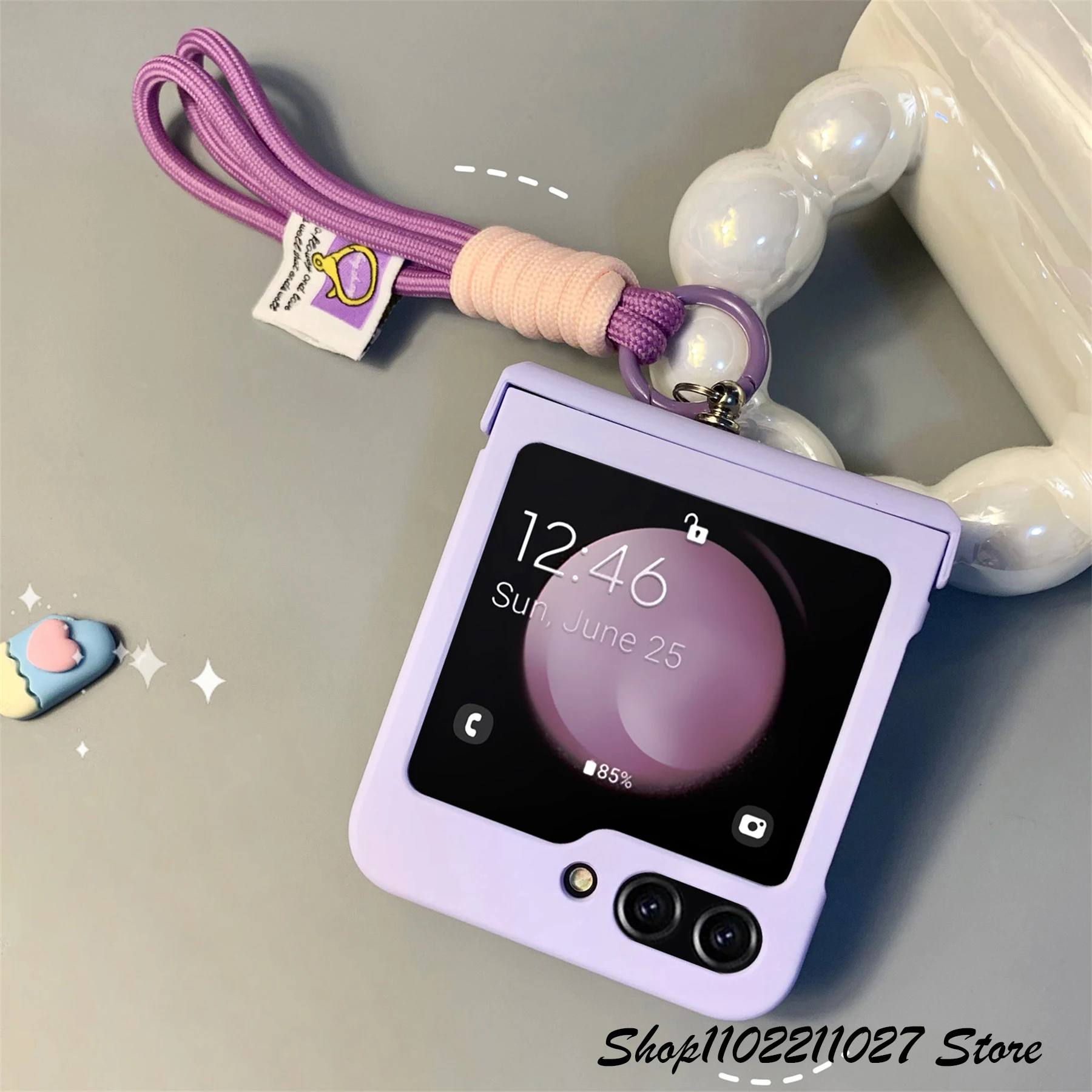 Süße koreanische Kawaii tragbare Handschlaufe lila Hülle für Samsung Galaxy Z Flip 7 Z Flip7 Flip6 Zflip5 tragbare Hülle mit Kette