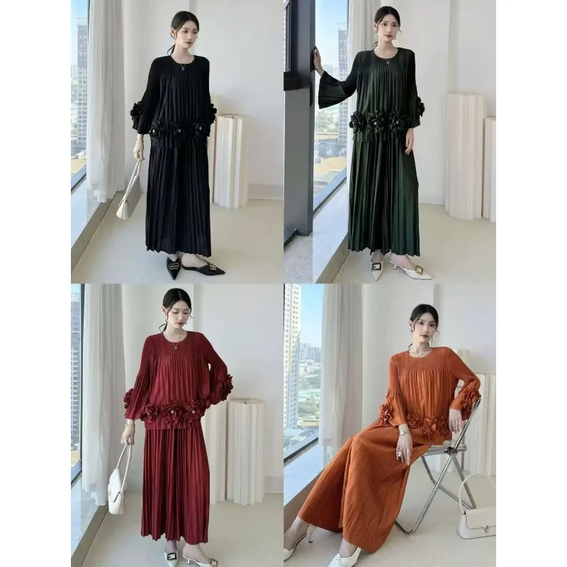 Miyake – ensemble pantalon plissé plissé, nouvelle mode pliable, fleurs tridimensionnelles, haut en perles, pantalon à jambes larges, ensemble de 2 pièces, printemps 2026