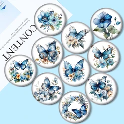 Watercolor Blue Butterfly Floral 10pcs /18mm/25mm12mm/16mm Round Photo Glass Cabochon Demo Flat Back Making findings