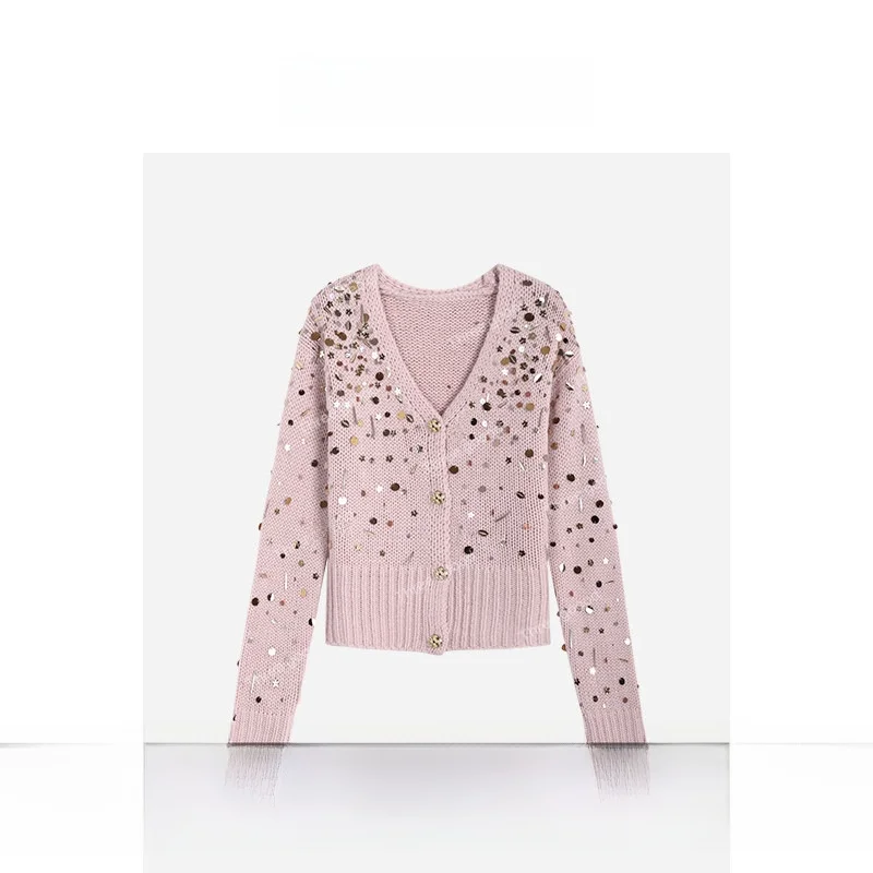 

Женский вязаный кардиган Tee Goood с V-образным вырезом, украшенный золотыми пайетками, повседневное пальто с длинными рукавами, дышащее, комфортное, зимнее