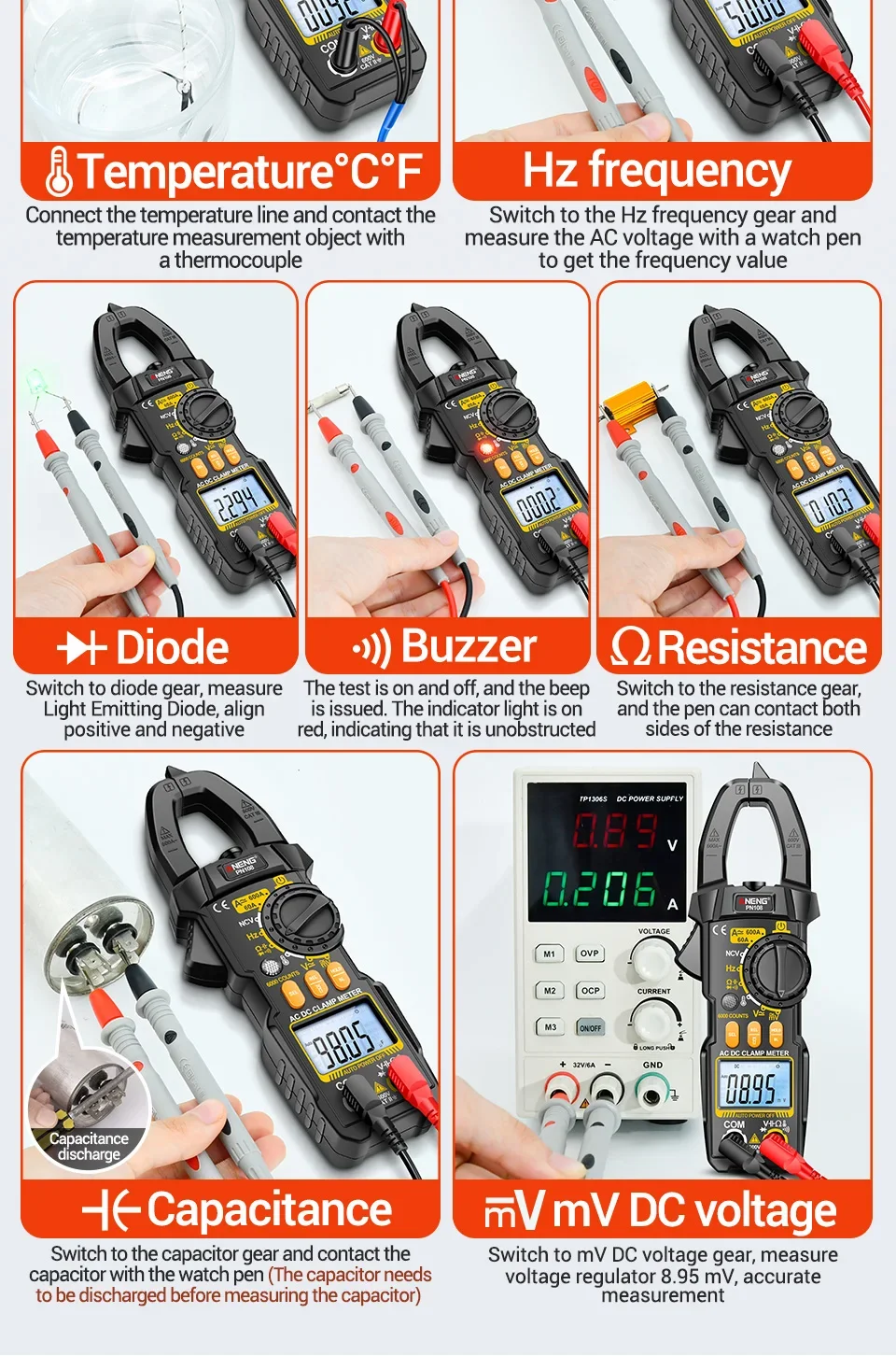 Zangenmessgerät Multimeter 6000 Zählt AC/DC Spannungsprüfer ANENG PN108 600 A Strom Widerstand Kapazität Hochpräzises Testwerkzeug – Detail 14