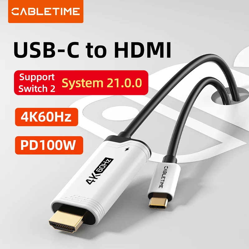 

CABLETIME Кабель типа C к HDMI 4K 60 Гц для Nintendo Switch 2 1 OLED PD 100 Вт для ноутбука PS4/5 Кабель-адаптер USB C к HDMI Prefect