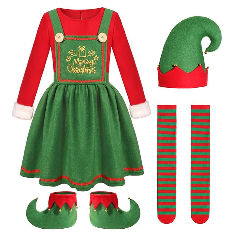 

Забавный костюм Санта-Клауса для взрослых, зеленая рождественская одежда с эльфом для мальчиков и девочек, семейный наряд, комплект платьев для новогодней рождественской вечеринки