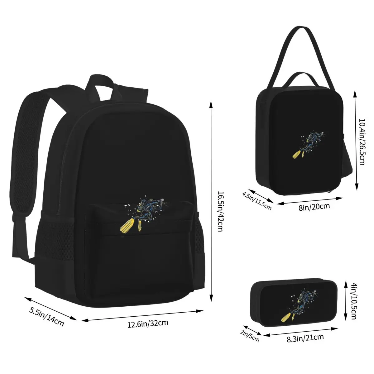 Scuba Diving Dive Diver Sea Snorkeling Sports Backpackstudents School Bags Kids Rucksack Lunch Bag Pen Bag Three-Piece Set