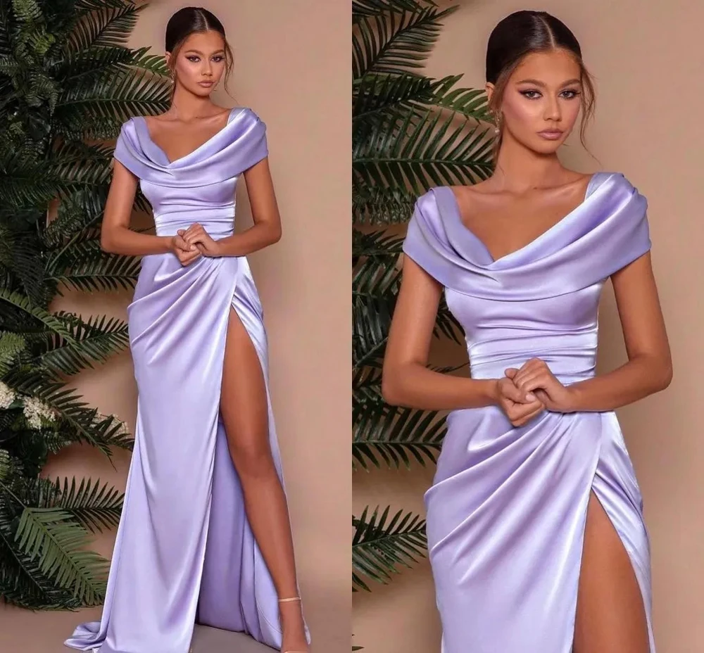 African Lilac Lavender Satin Evening Dresses Cowl Neck Cap Sleeves Sexy High Split Elegant Maid Of Honor Formal Party Prom Gowns