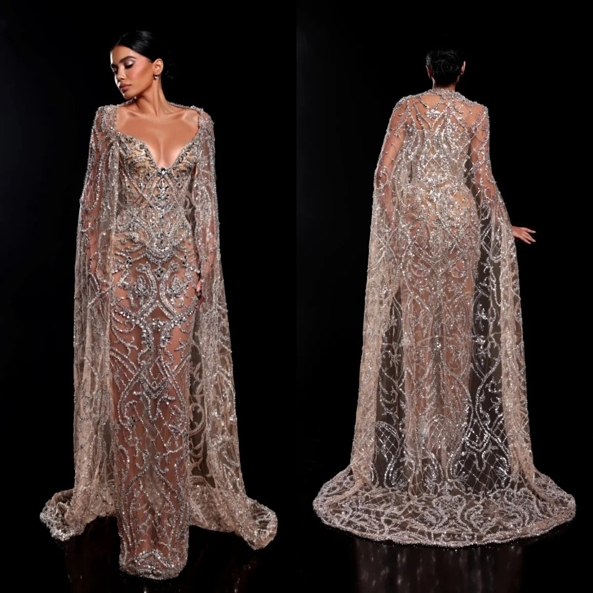 

Exquisite Wedding Dresses Pearls Crystal Bridal Gowns with Cape Sequins Mermaid Illusion Customized Vestidos De Novia