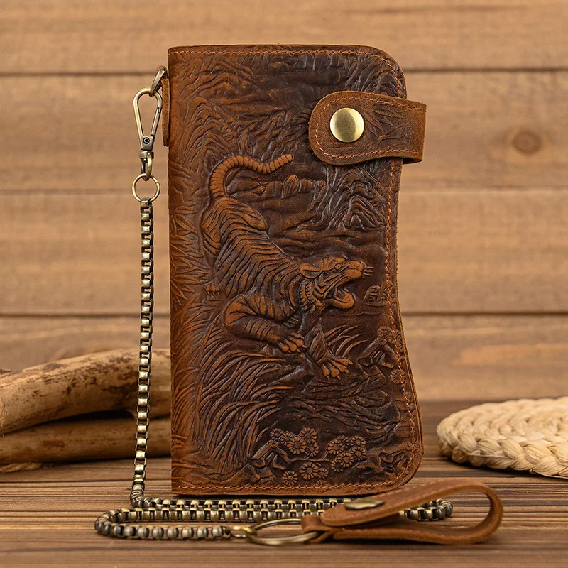 Newsbirds luxury brand designer men leather wallet 3D Tiger Dragon embossing cowhide men's wallet with iron chain high fashion