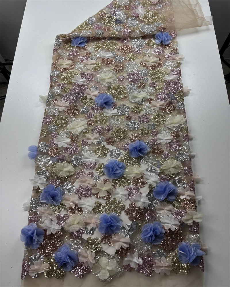 

African 3D Flower Beads Lace Fabric High Quality French Nigerian Embroidery Tulle Fabric For Wedding Dress Sewing
