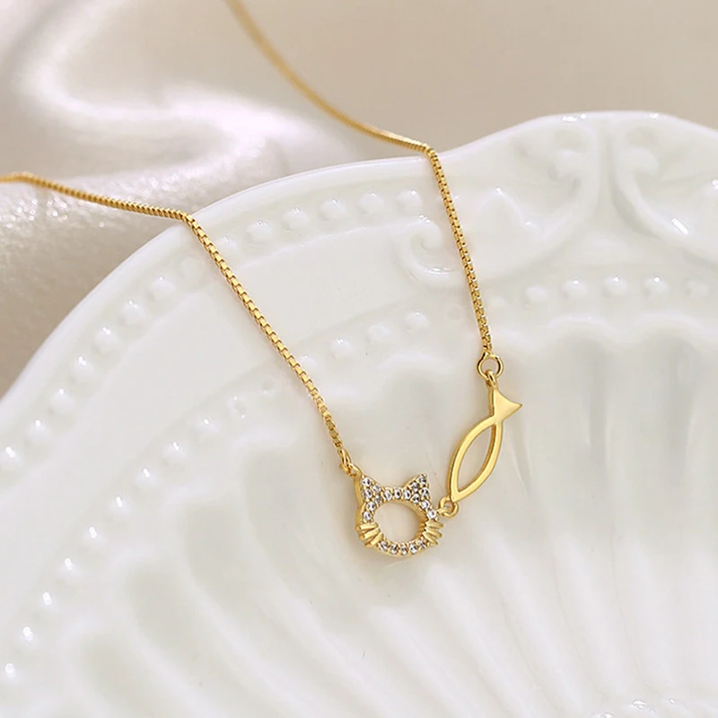 GANPUP Süße Katze Fisch Funkelnder Zirkonia Anhänger Halskette für Damen Mode Neuer Schmuck Halskette Geschenk Party Collares Колье – Detail 5