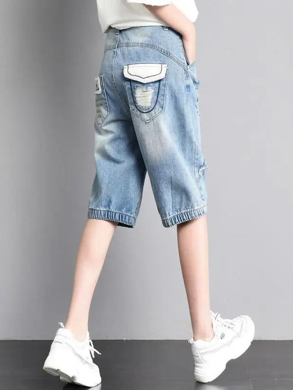 Niebieskie dżinsowe spodnie typu skinny z wysokim stanem, letnie, cienkie, damskie spodnie harlan, spodnie typu lantern, luźny krój, casualowe, bawełniane, elastyczne.
