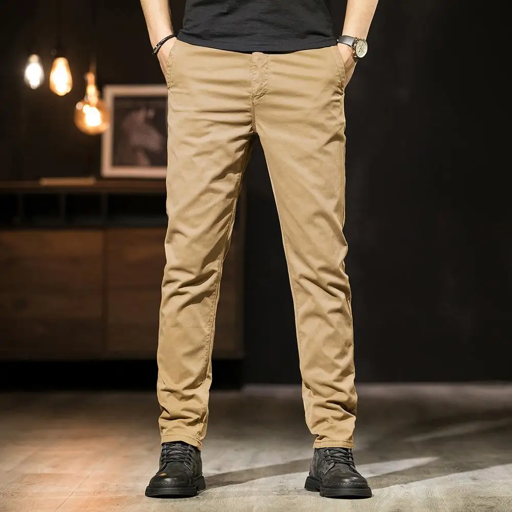 

Casual Khaki Chino Pants Men Straight Cotton Trousers Comfortable Straight Fit Neutral PU Material mid Waist Zipper Closure