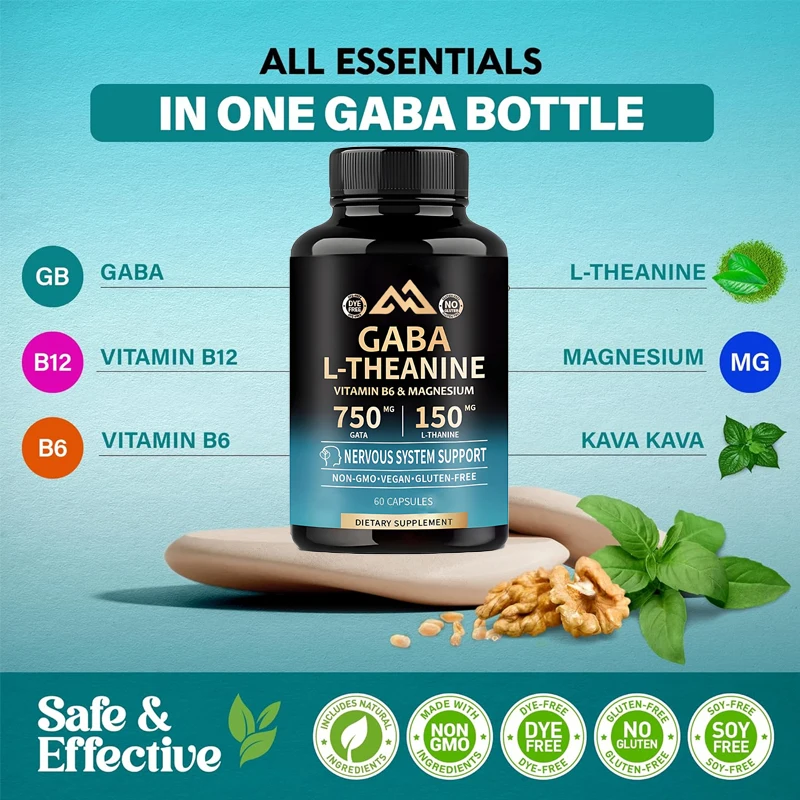 High quality GABA L-theanine 900mg vitamin B6 B12 magnesium vegetarian capsules relieve stress and support overall health