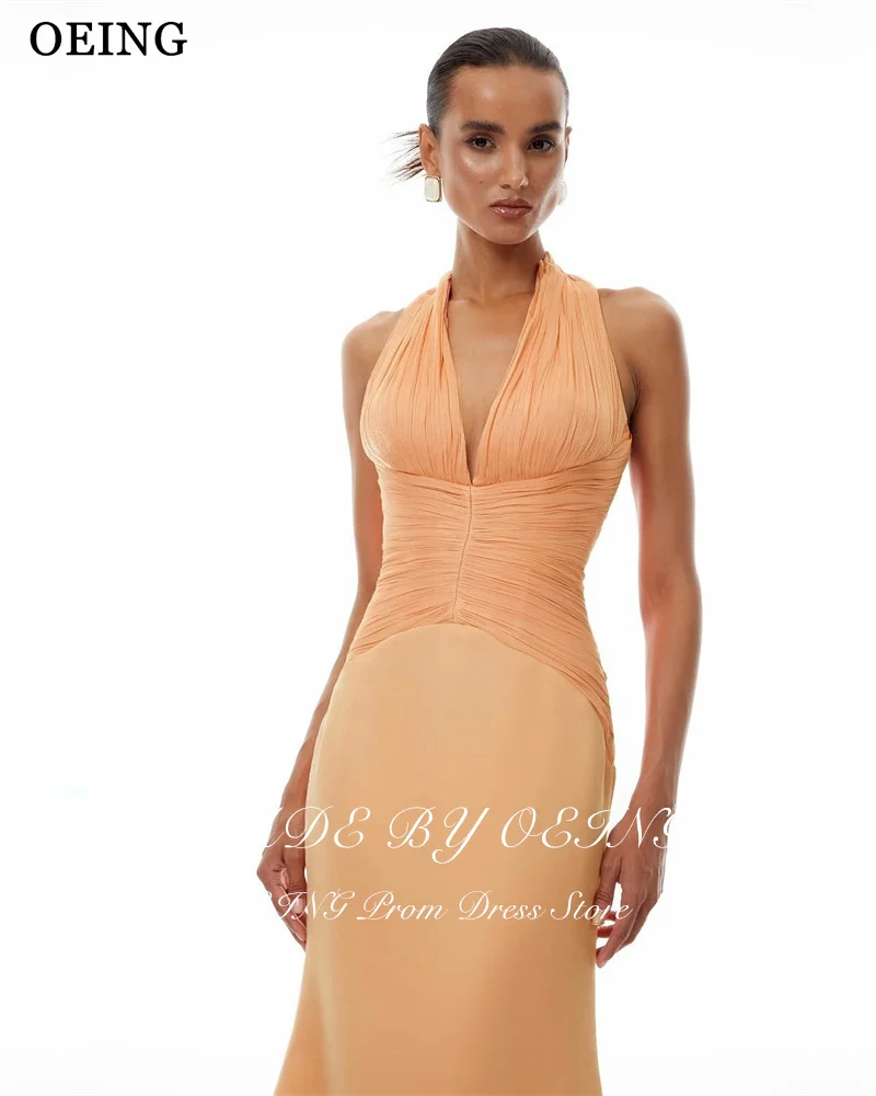 OEING-vestidos de noche elegantes de sirena, vestidos formales hasta el suelo con pliegues y cuello en V, vestidos formales de Gala personalizados