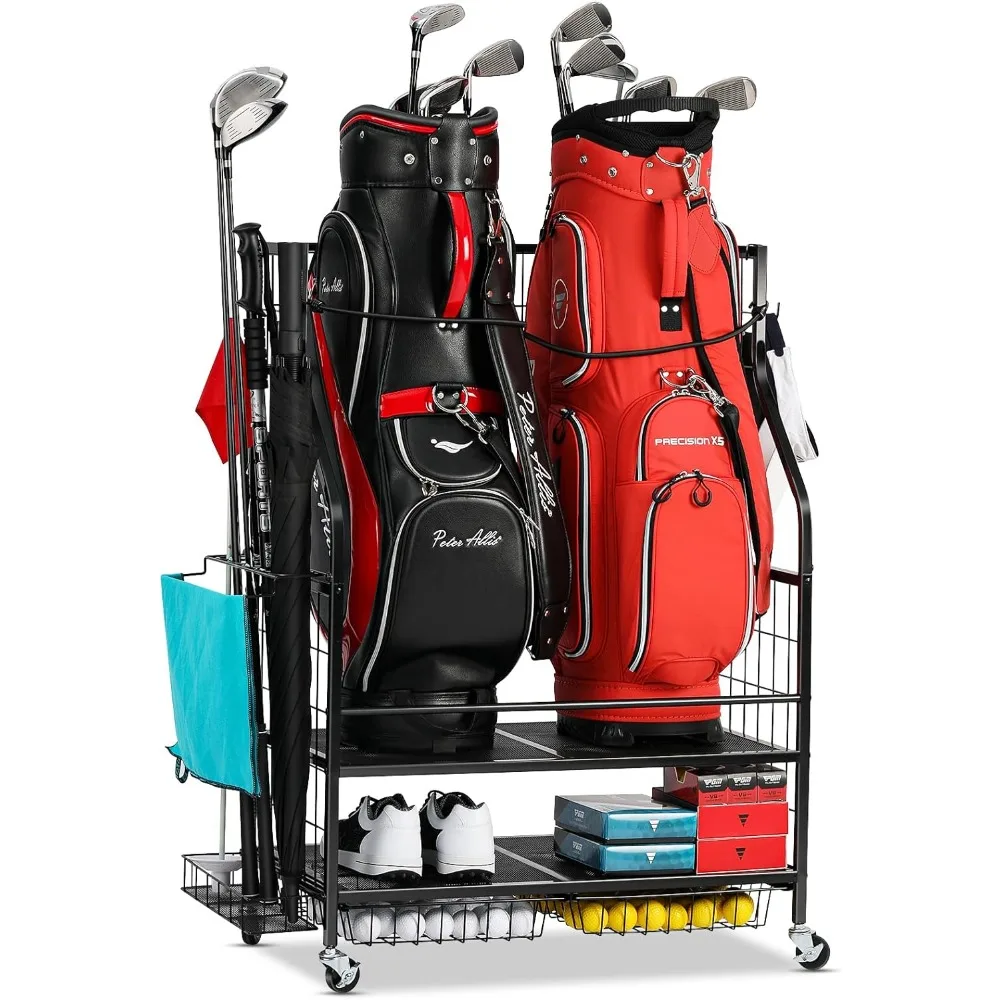 

Bag Storage Garage Organizer- Golf Bag Stand Fit for 2 Golf Bags, Golf Equipment Accessories